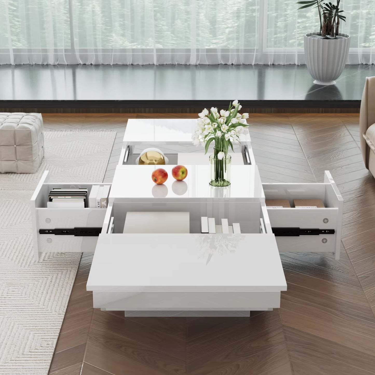 Table basse laquée brillante, rangement tiroirs coulissants double face