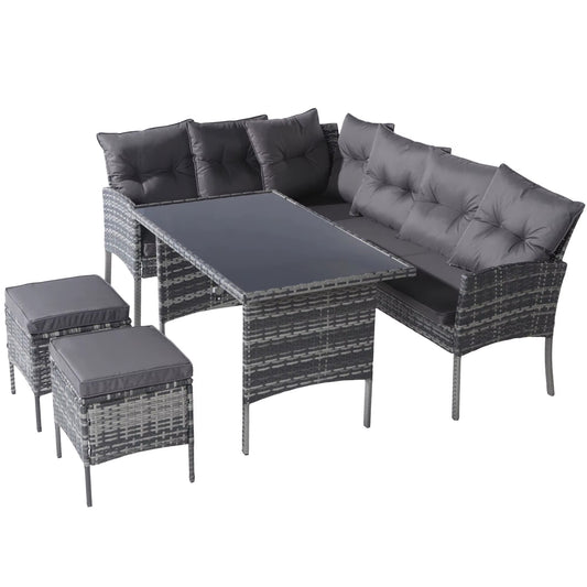Ensemble mobilier jardin en rotin 7 places avec canapé, table, coussins