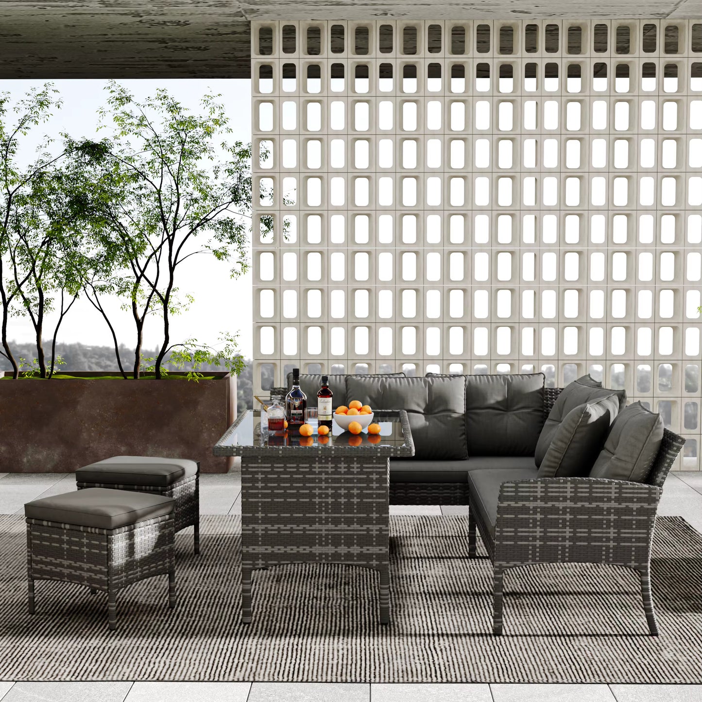 Ensemble mobilier jardin en rotin 7 places avec canapé, table, coussins