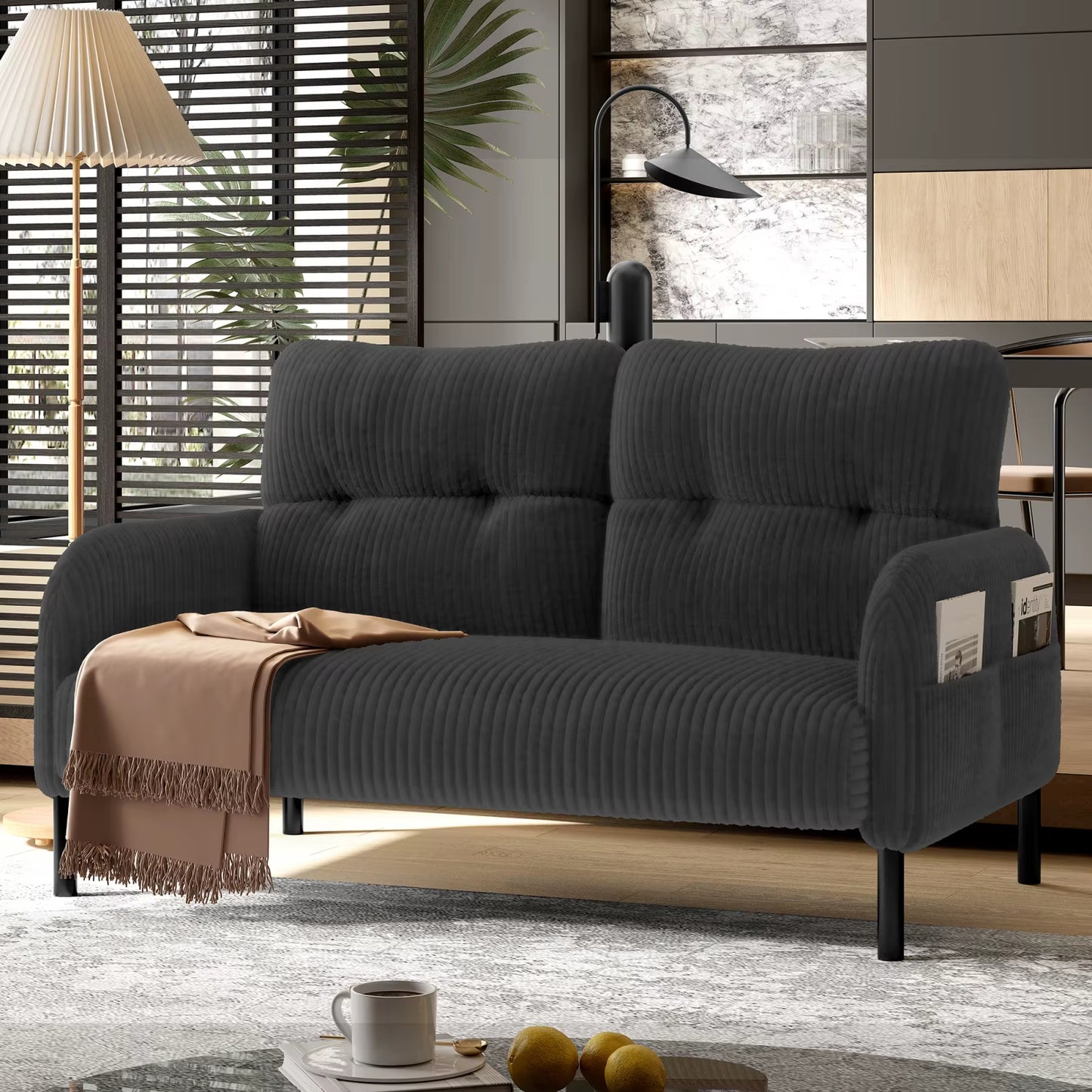 Ensemble canapé d’angle modulable en velours côtelé avec poches latérales