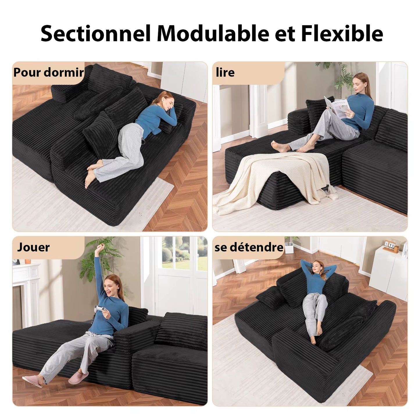 Canapé d’angle en tissu avec méridienne pour salon, 105 pouces