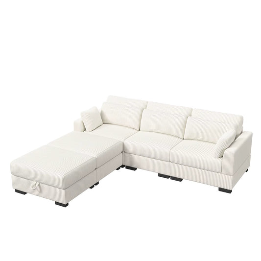 Canapé modulable convertible en velours côtelé beige avec ottoman