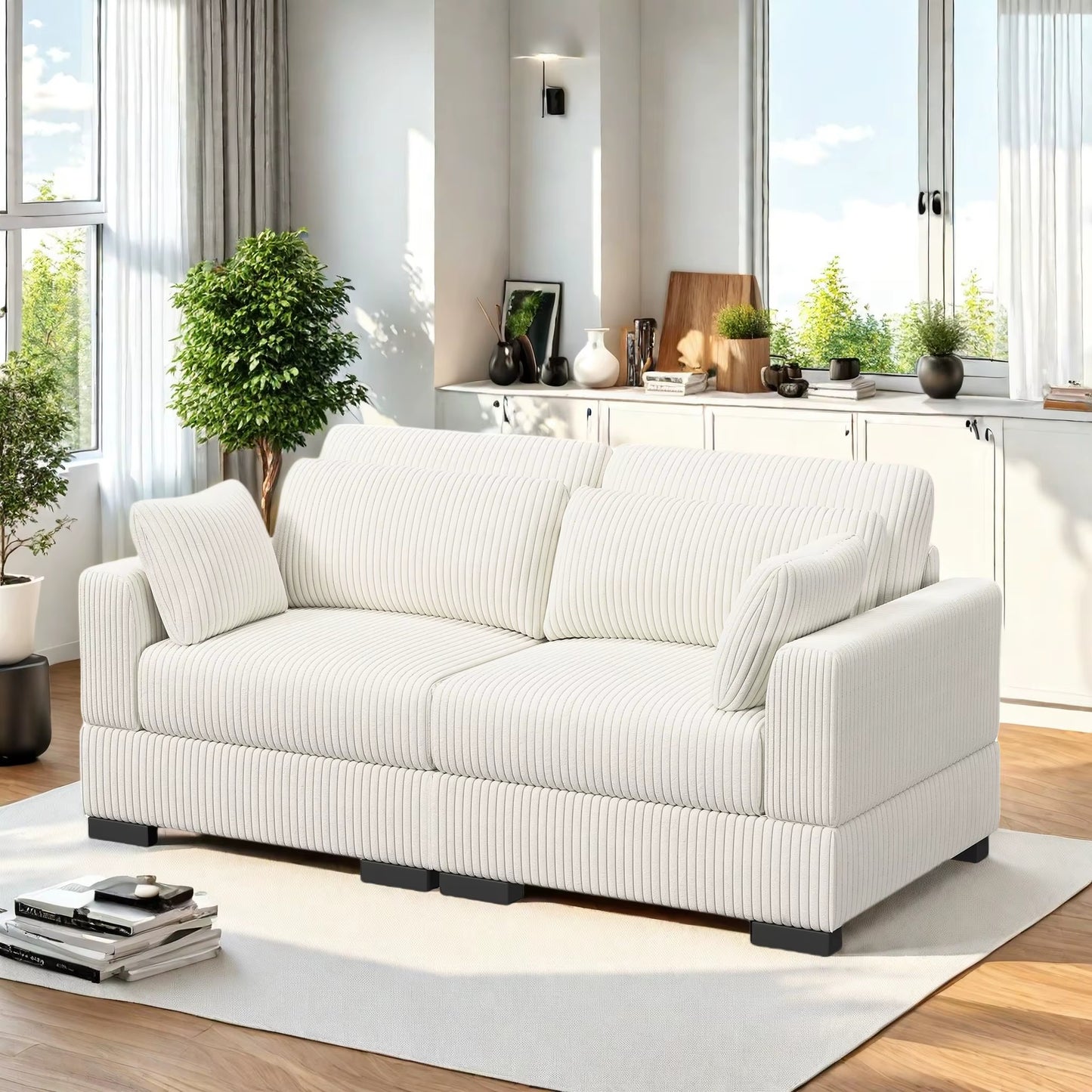 Canapé modulable convertible en velours côtelé beige avec ottoman
