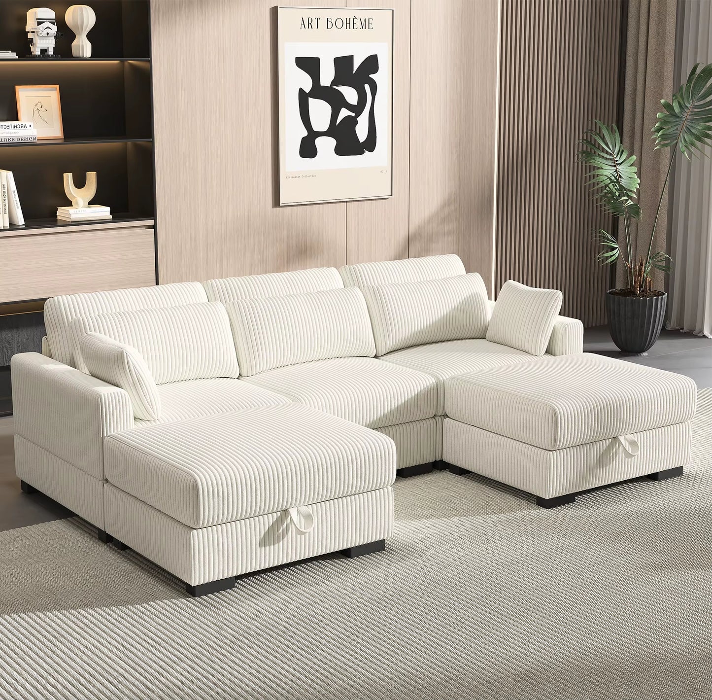 Canapé modulable convertible en velours côtelé beige avec ottoman