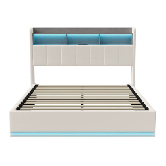 Cadre de lit double rembourré blanc avec rangement, LED et port USB