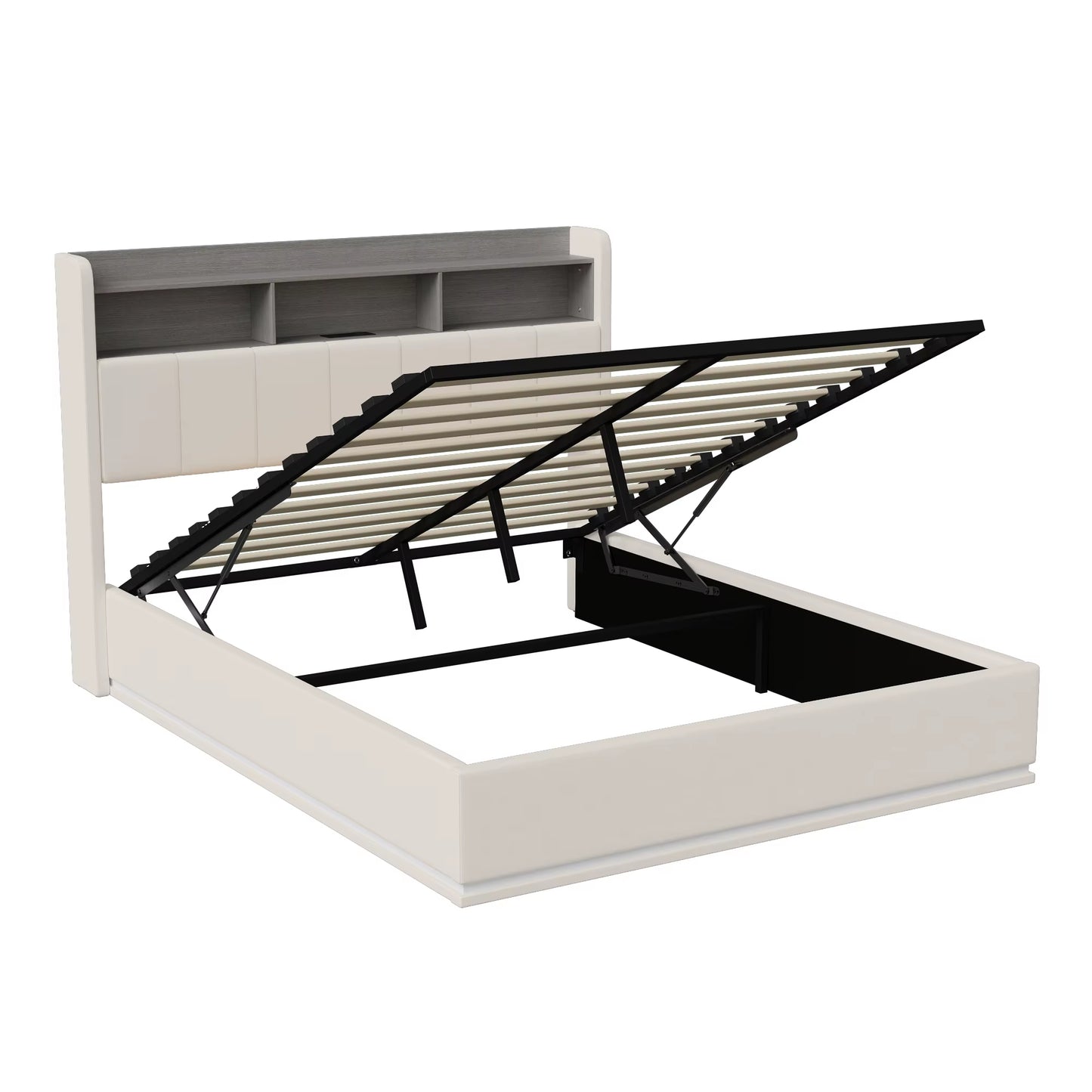 Cadre de lit double rembourré blanc avec rangement, LED et port USB
