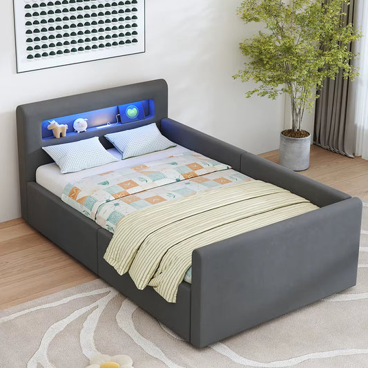 Lit enfant rembourré 90x200 cm avec LED, veilleuse, USB, étagère, rangement hydraulique