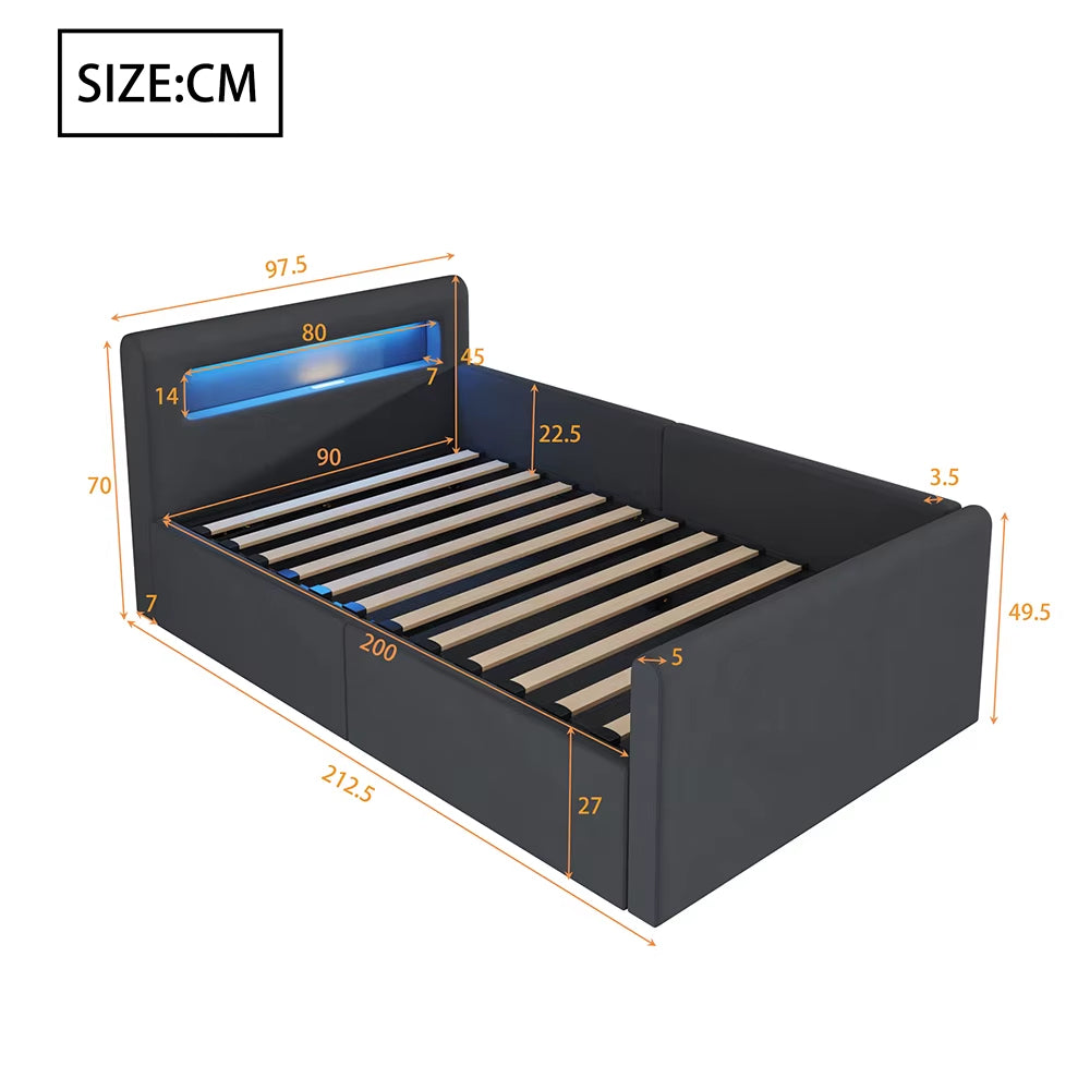 Lit enfant rembourré 90x200 cm avec LED, veilleuse, USB, étagère, rangement hydraulique