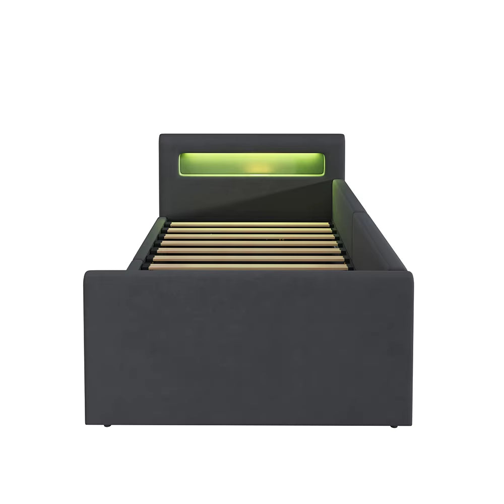 Lit enfant rembourré 90x200 cm avec LED, veilleuse, USB, étagère, rangement hydraulique