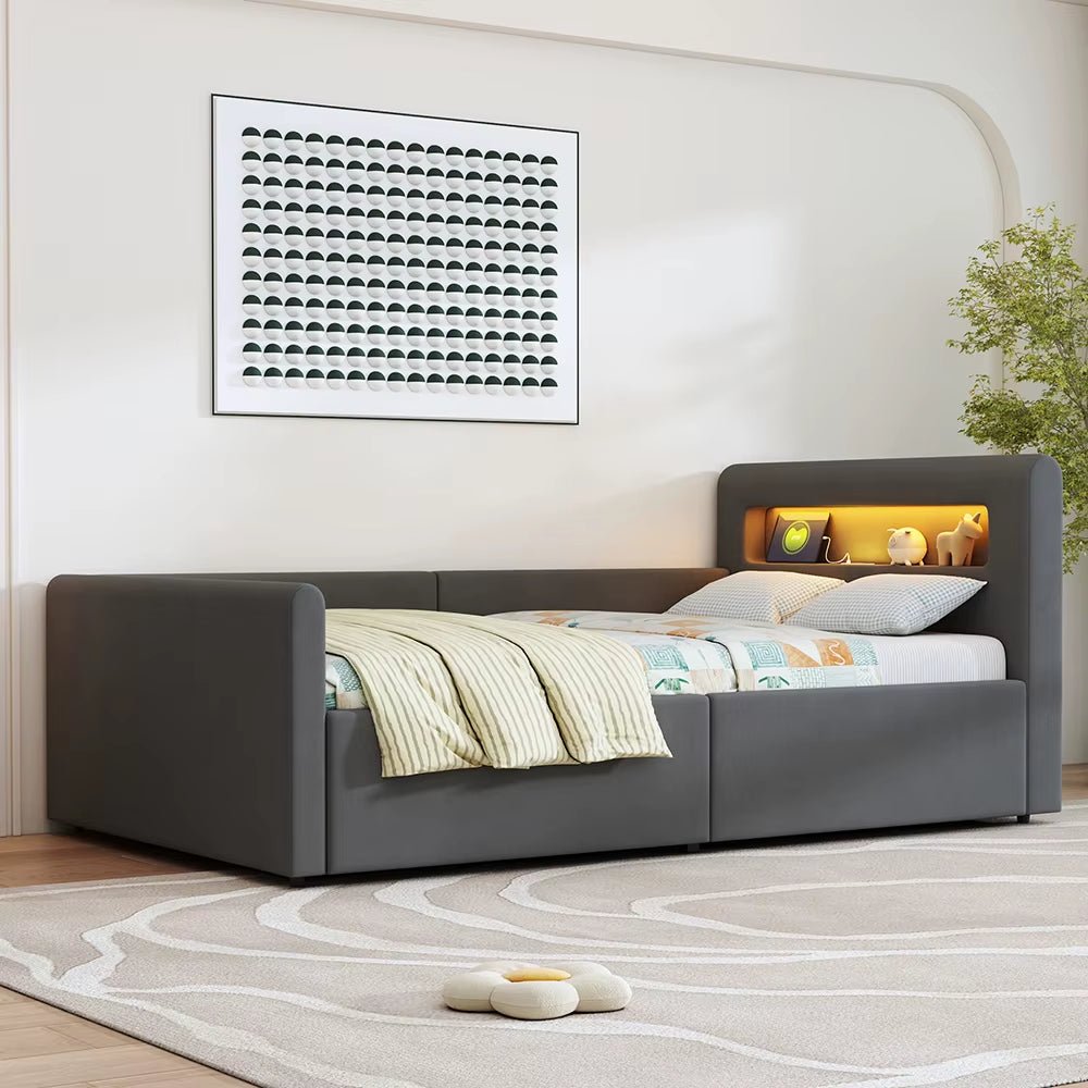 Lit enfant rembourré 90x200 cm avec LED, veilleuse, USB, étagère, rangement hydraulique