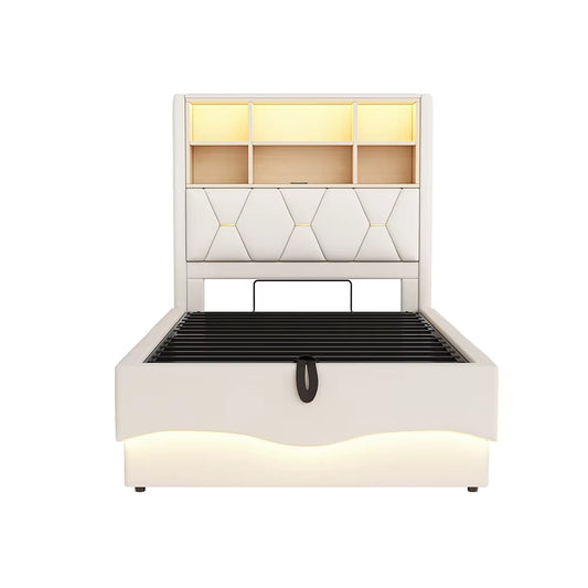 Lit enfant 90x200 cm avec rangement hydraulique, LED contrôlé par app, USB
