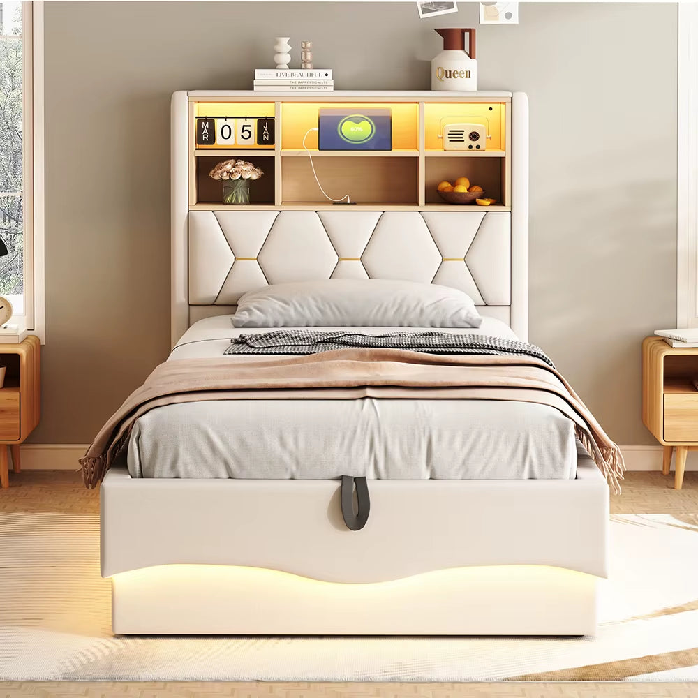 Lit enfant 90x200 cm avec rangement hydraulique, LED contrôlé par app, USB