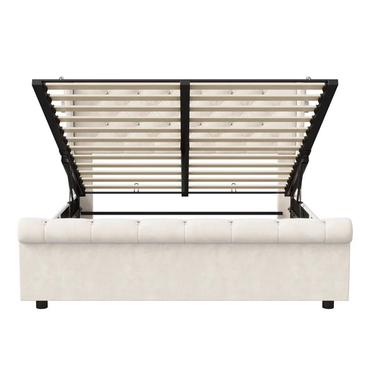 Cadre de lit velours hydraulique 140x190 cm avec 2 lampes de lecture et rangement en bois
