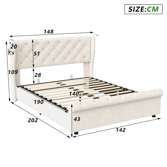 Cadre de lit velours hydraulique 140x190 cm avec 2 lampes de lecture et rangement en bois