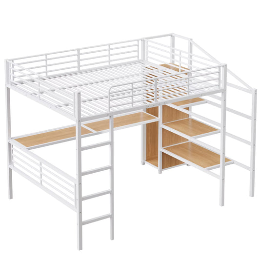 Lit mezzanine 140x200 cm structure métal avec bureau, étagère, rangement