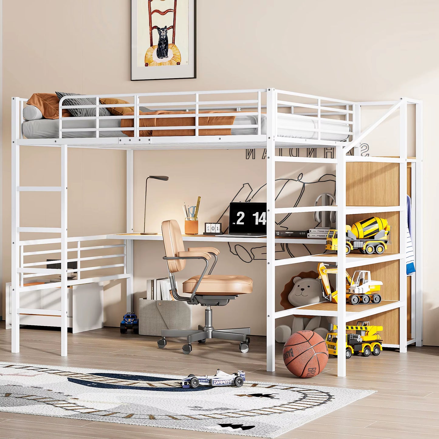 Lit mezzanine 140x200 cm structure métal avec bureau, étagère, rangement