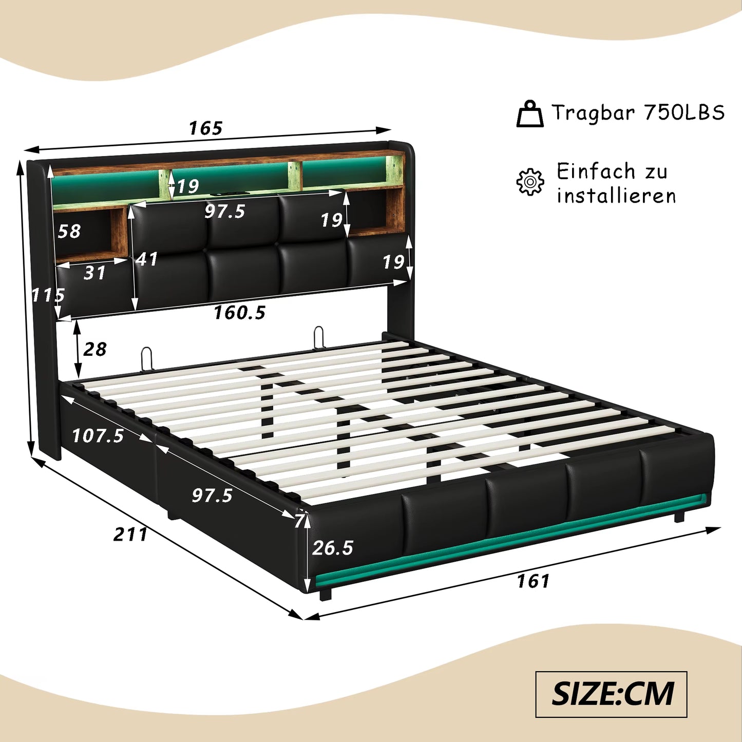 Lit rembourré PU avec rangement hydraulique 160x200 cm, LED et USB
