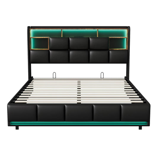 Lit rembourré PU avec rangement hydraulique 160x200 cm, LED et USB