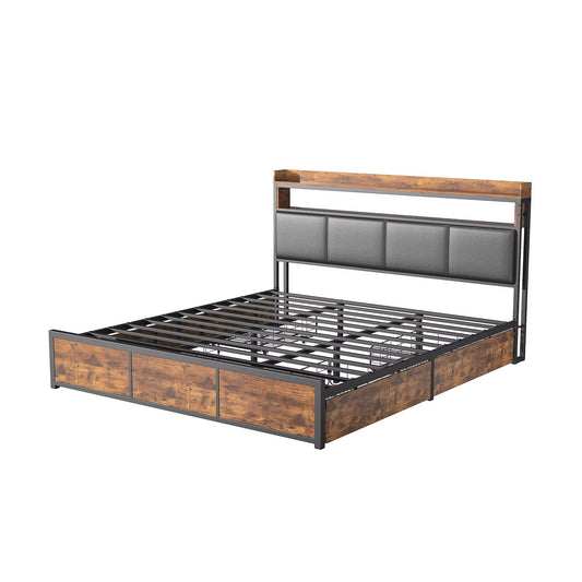 Lit rembourré double 180x200 cm cadre métal avec LED et 4 tiroirs