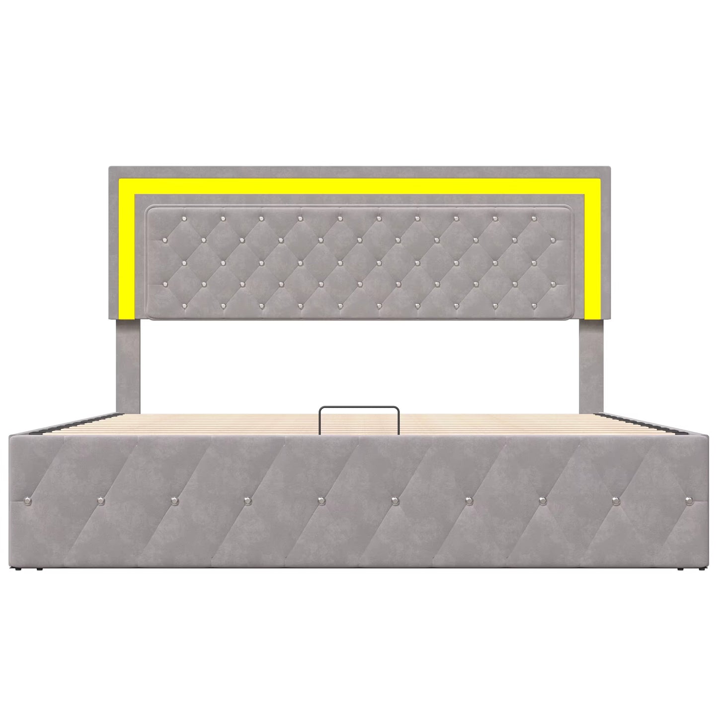 Lit double rembourré beige en velours avec tête ajustable et verrou hydraulique