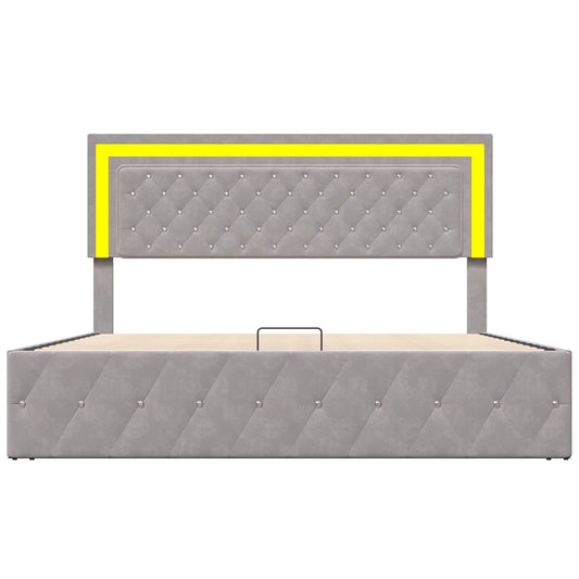 Lit double rembourré beige en velours avec tête ajustable et verrou hydraulique