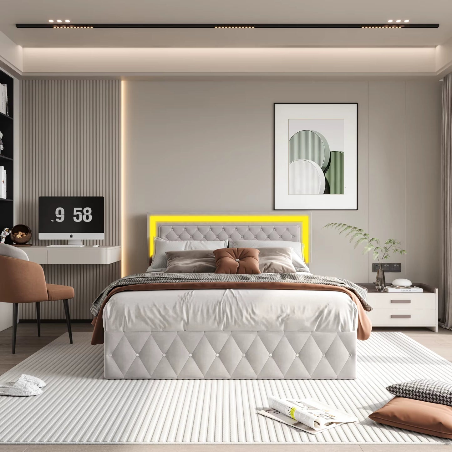 Lit double rembourré beige en velours avec tête ajustable et verrou hydraulique