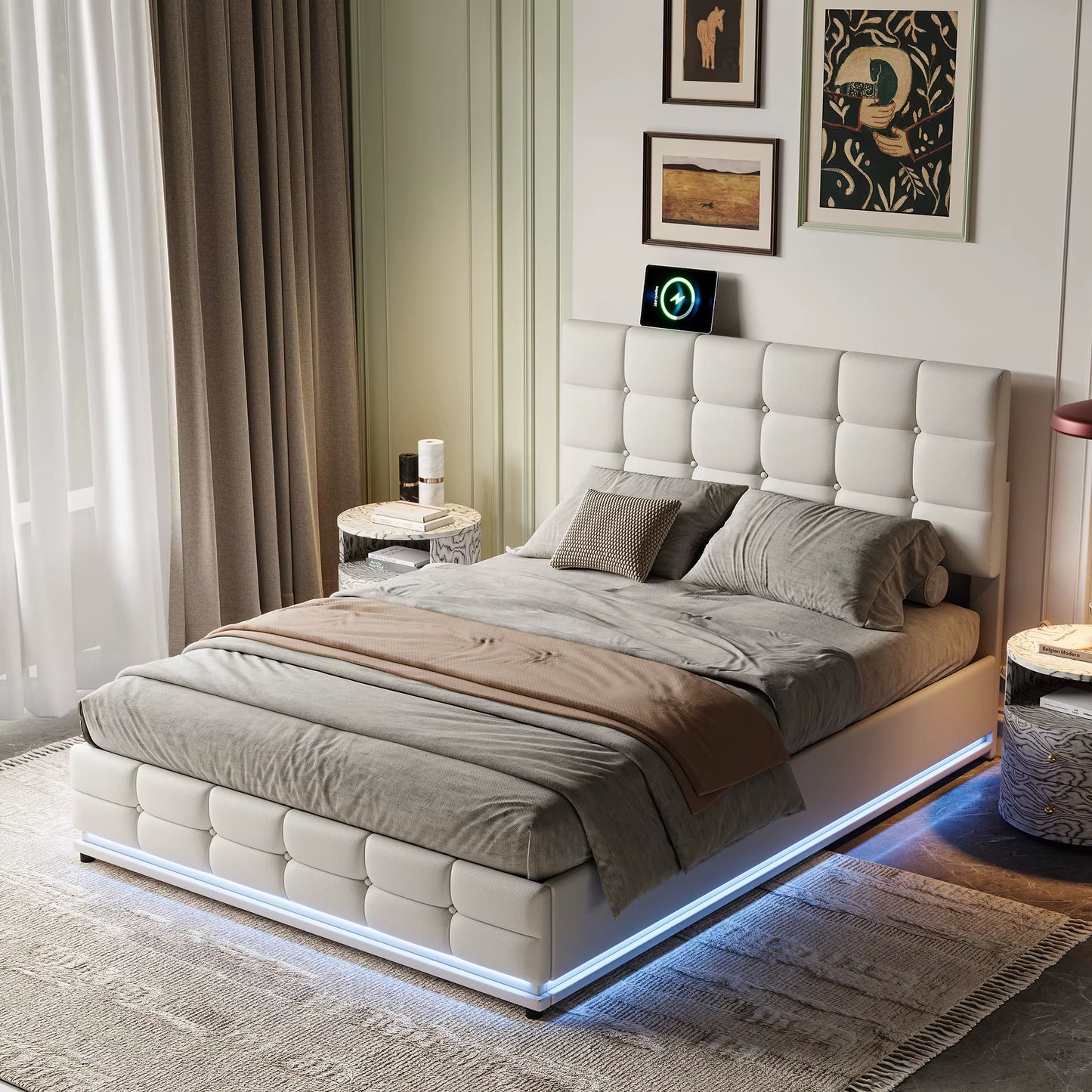 Cadre de lit double 140x200 cm en PU blanc avec rangement, sans matelas