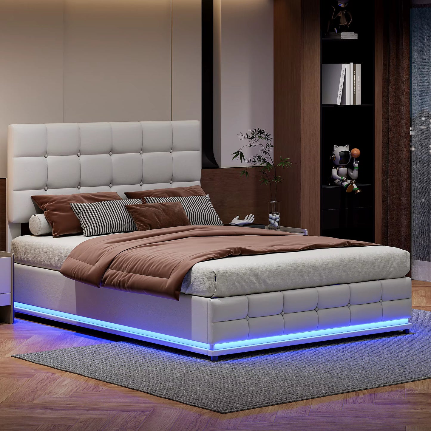 Cadre de lit double 140x200 cm en PU blanc avec rangement, sans matelas