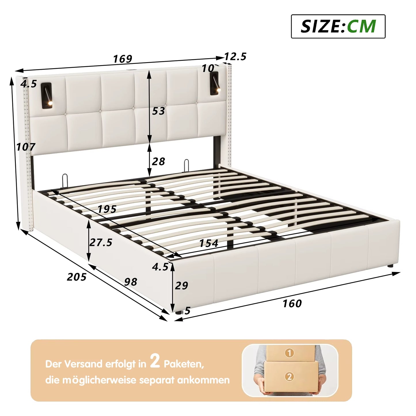 Lit double rembourré 160x200 cm avec lampe lecture, rangement hydraulique, lattes