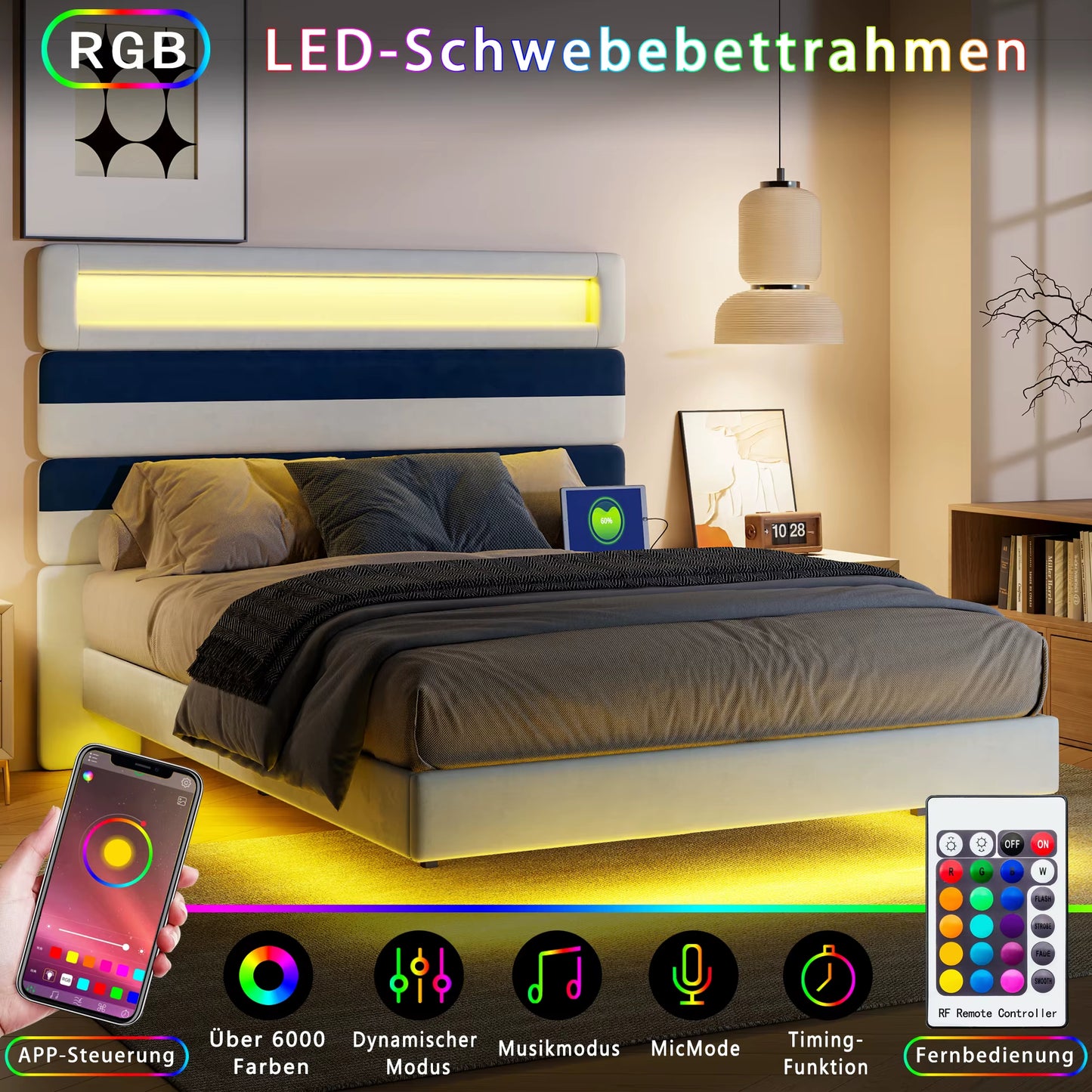 Lit rembourré 160x200 cm avec lumière, tête plate, cadre suspendu bois