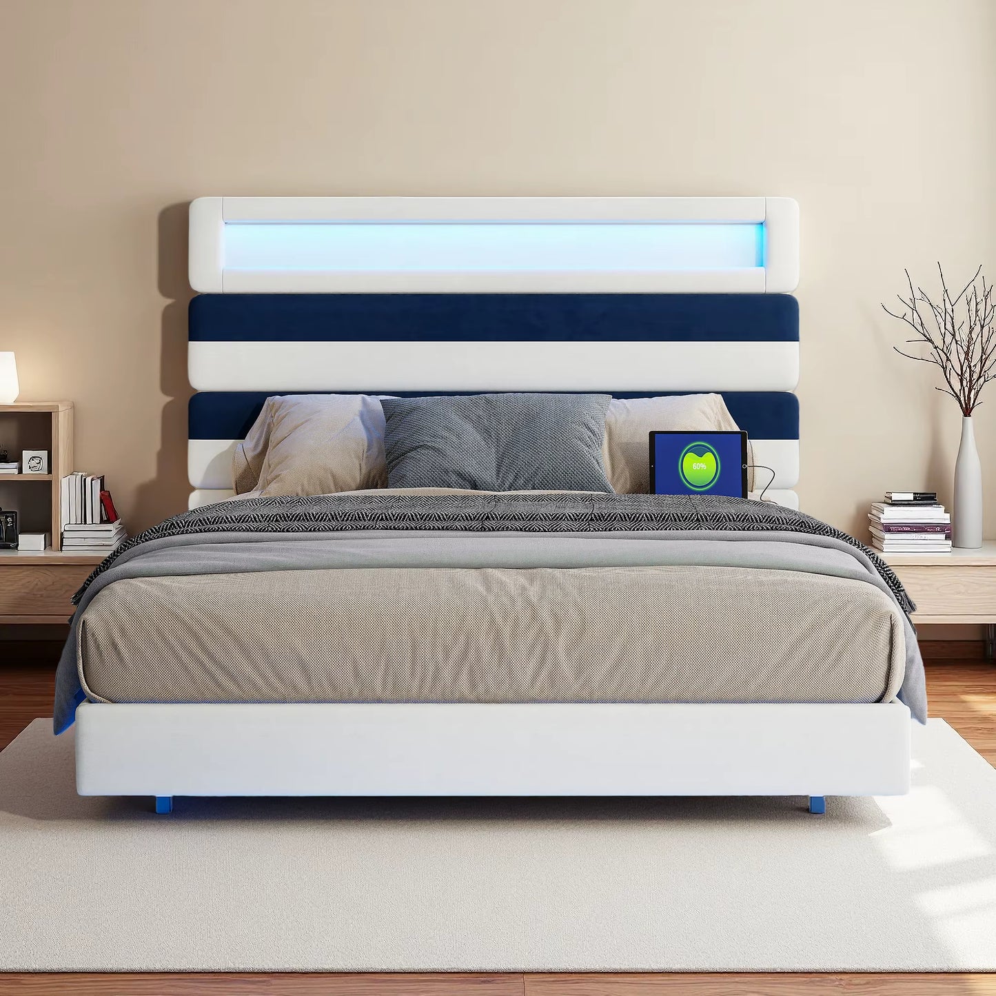 Lit rembourré 160x200 cm avec lumière, tête plate, cadre suspendu bois