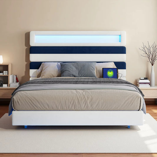 Lit rembourré 160x200 cm avec lumière, tête plate, cadre suspendu bois