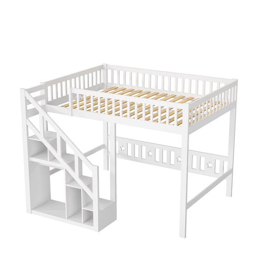 Lit superposé bois 90x200 cm pour enfants, avec escalier et rangement