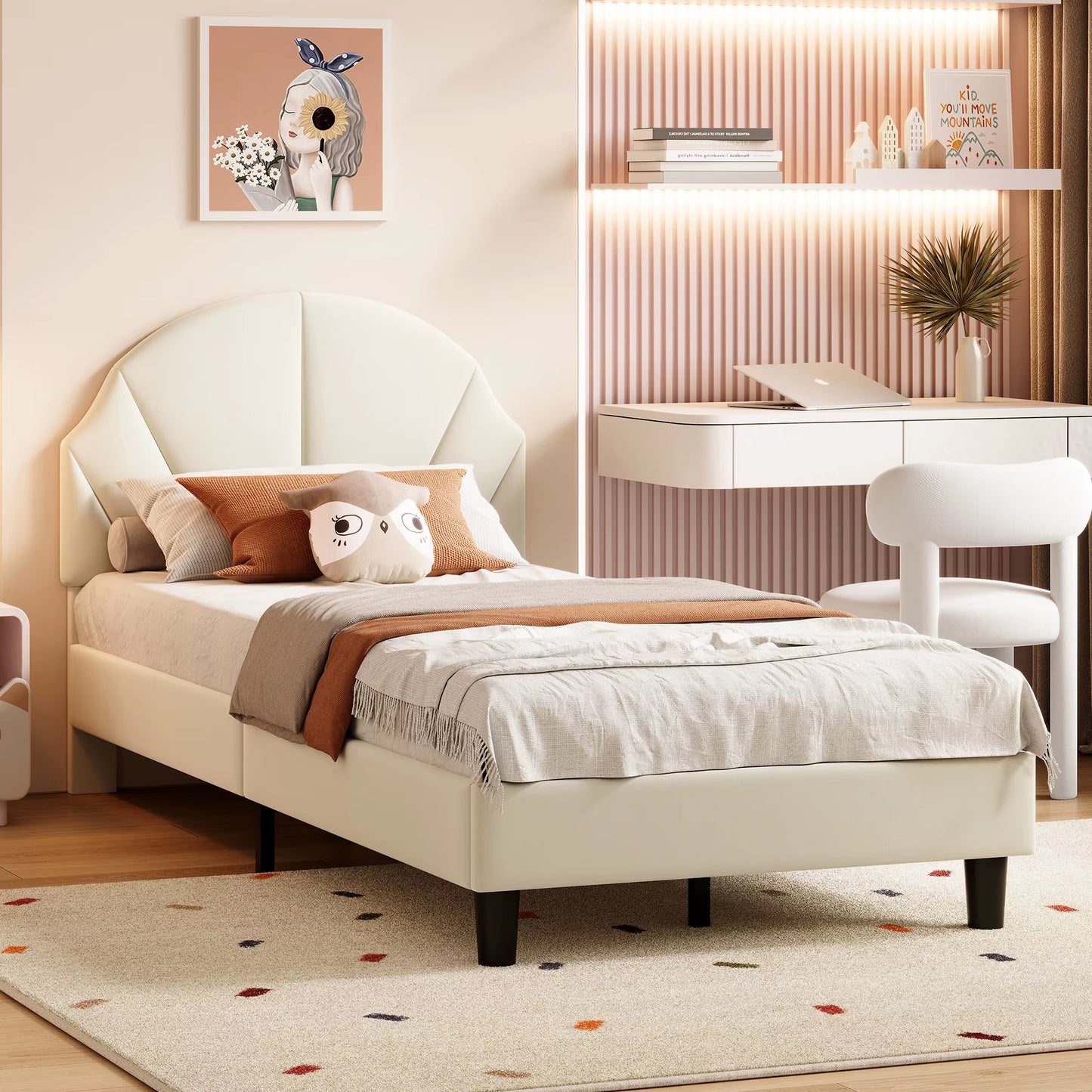 Lit enfant 90x200 cm velours avec tête réglable pour garçons et filles