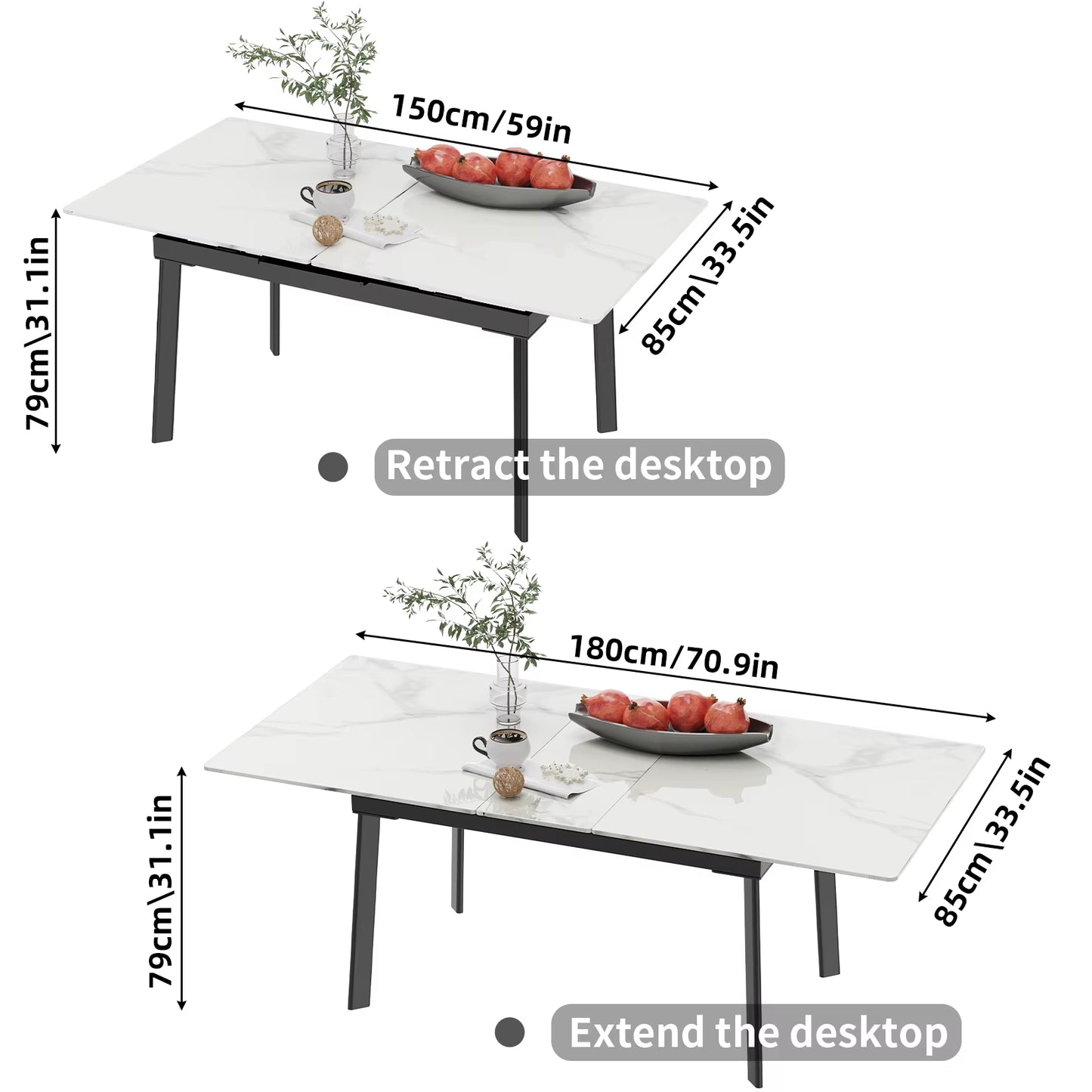 Table extensible en pierre agglomérée 180cm cadre métal pour 8-10 personnes