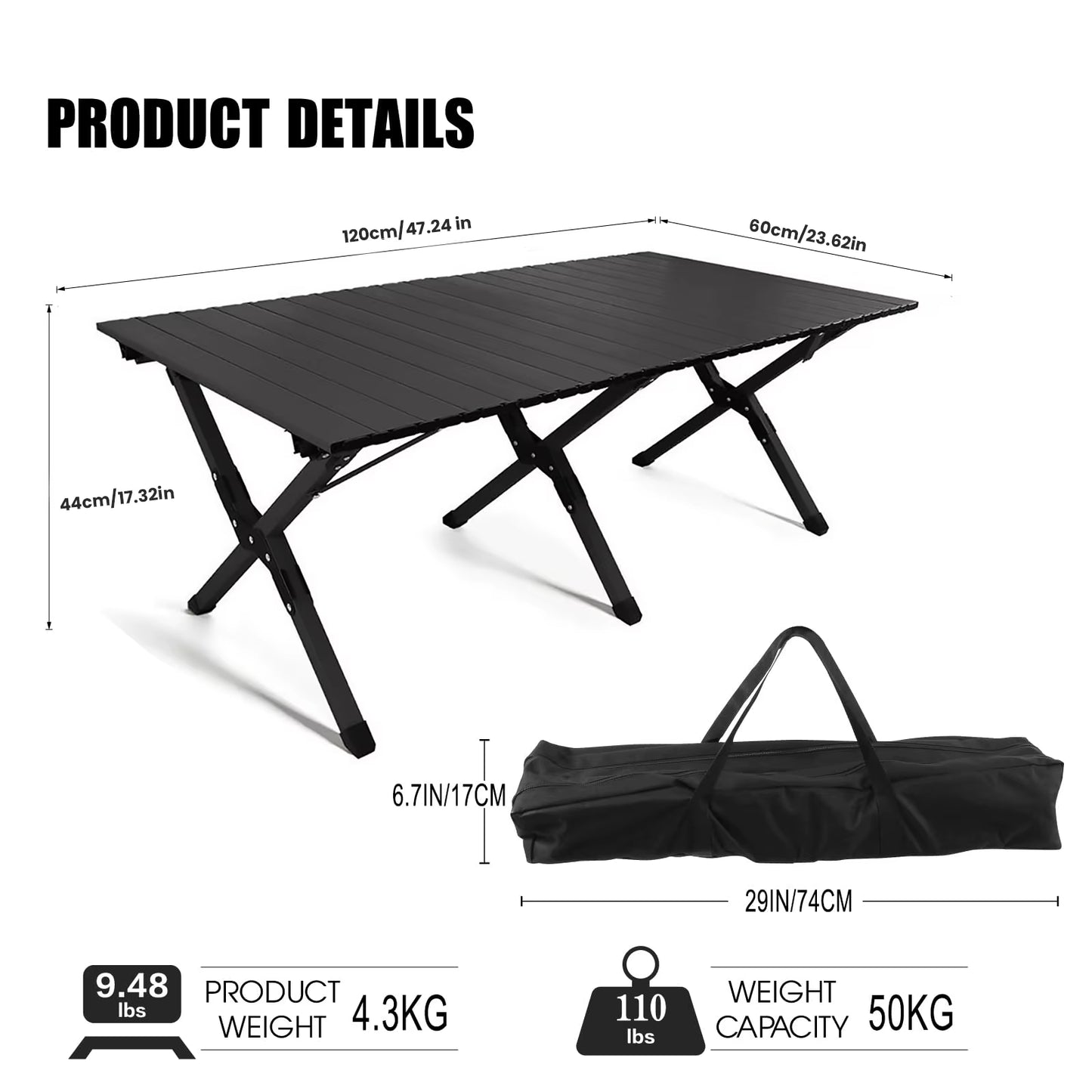 Table de camping pliante portable, enroulable, 50kg, hauteur réglable, 4-6 pers