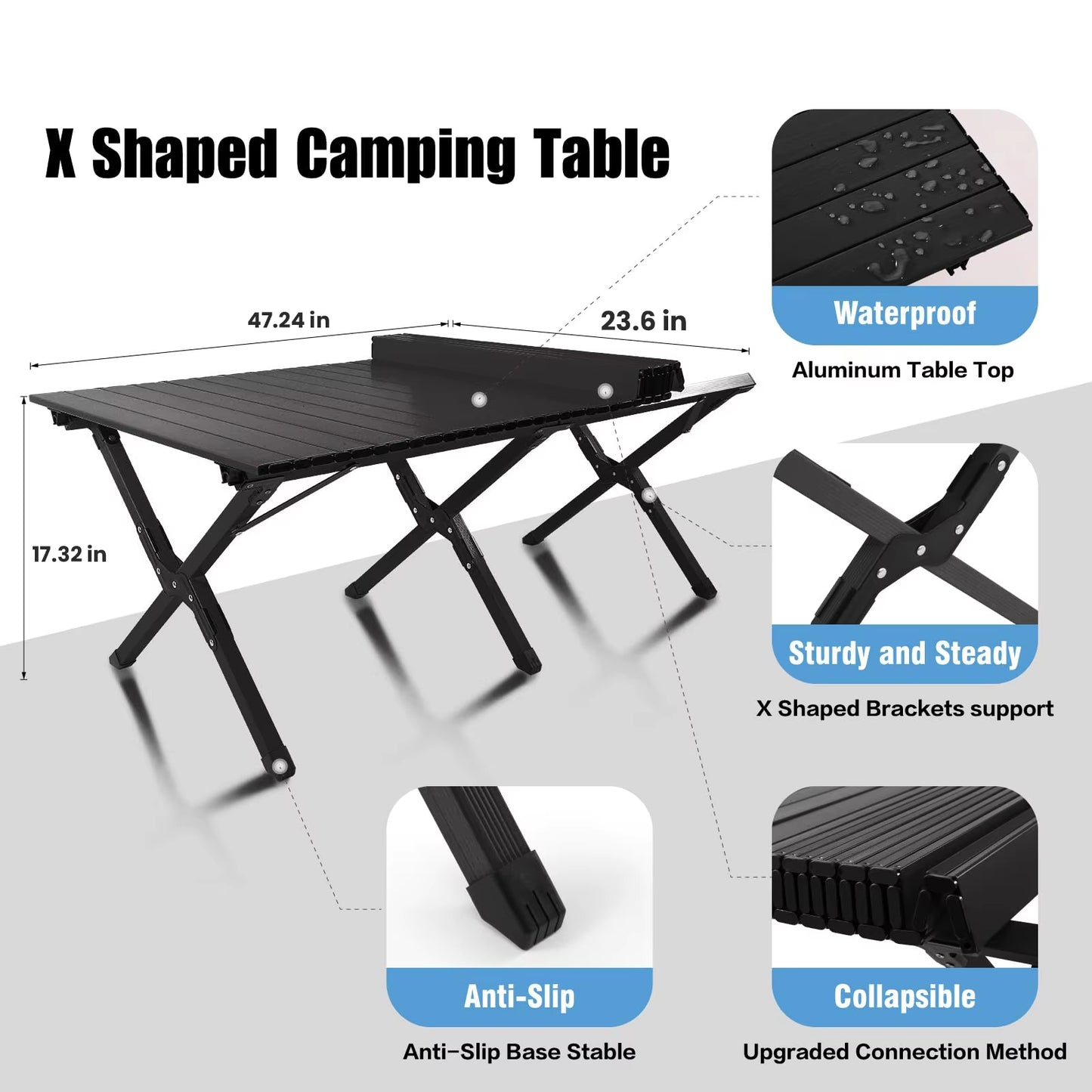 Table de camping pliante portable, enroulable, 50kg, hauteur réglable, 4-6 pers