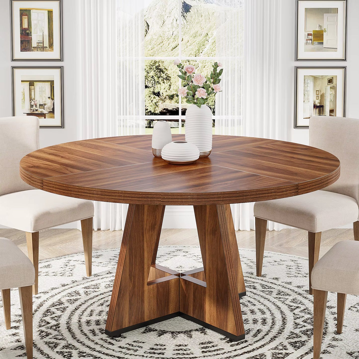 Table à manger ronde style ferme, petite table cuisine 47" pour 4