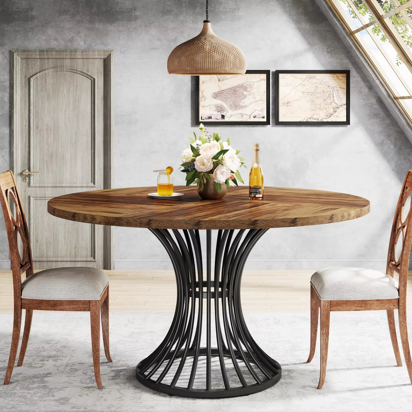 Table ronde 47" style ferme pour 4-6 personnes cuisine industrielle