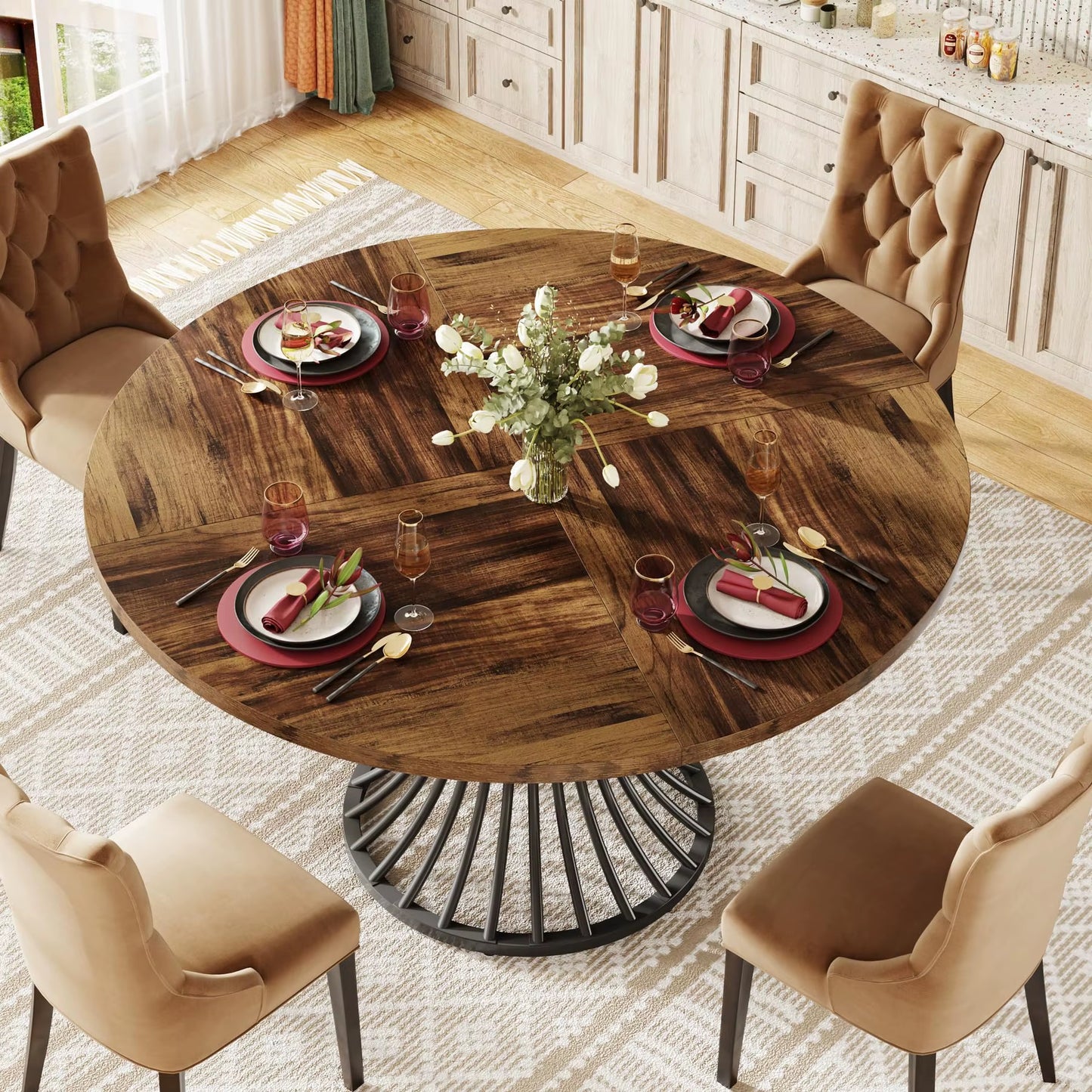 Table ronde 47" style ferme pour 4-6 personnes cuisine industrielle