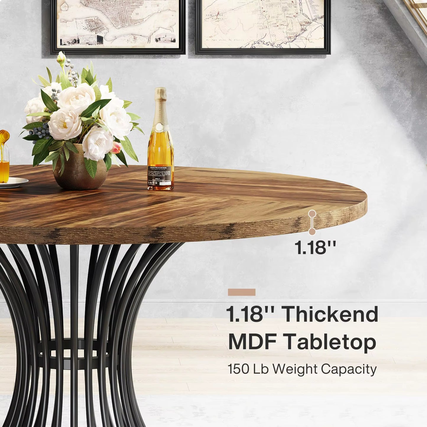 Table ronde 47" style ferme pour 4-6 personnes cuisine industrielle