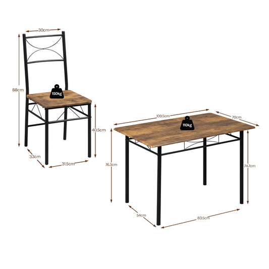 Table rectangulaire + 4 chaises cadre métal, set repas 4 personnes