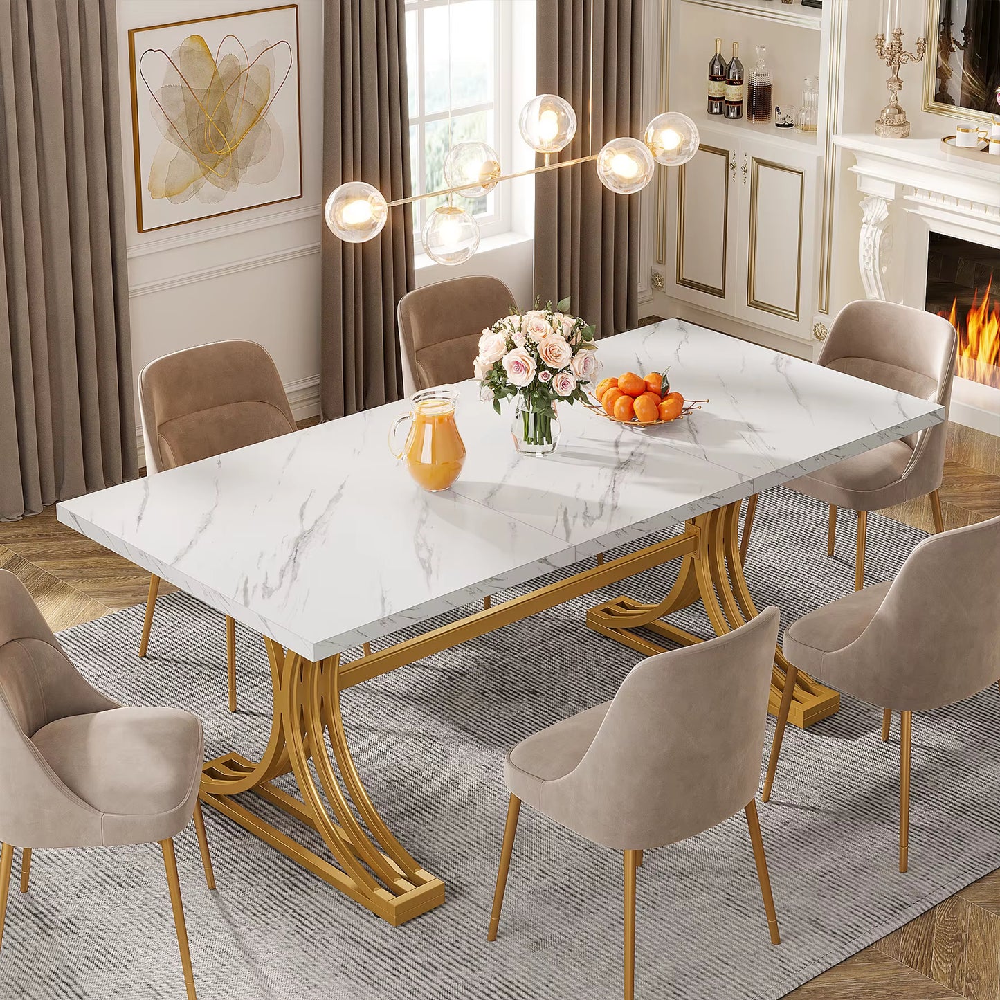 Table rectangulaire moderne 63" blanc marbre synthétique, 4-6 personnes