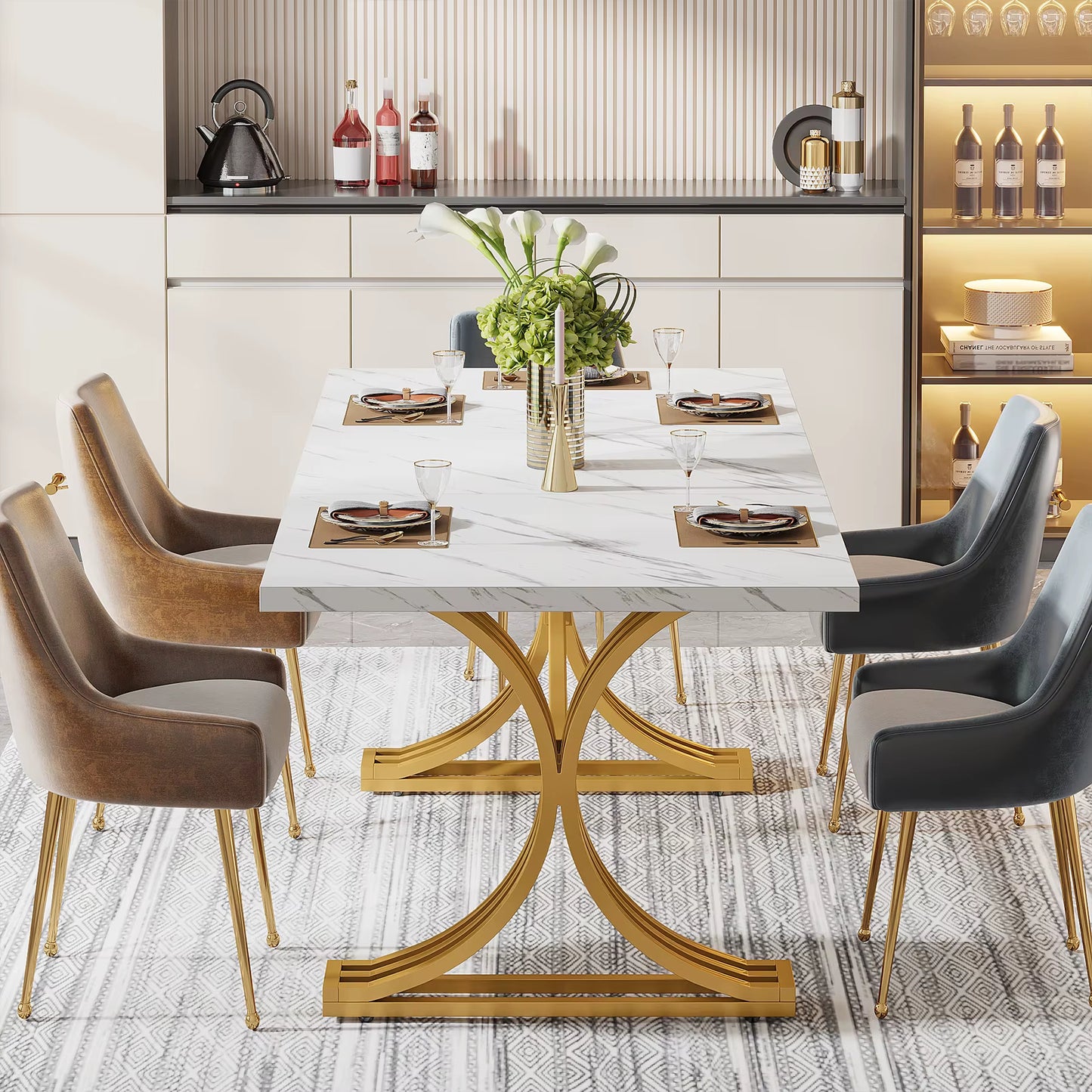 Table rectangulaire moderne 63" blanc marbre synthétique, 4-6 personnes