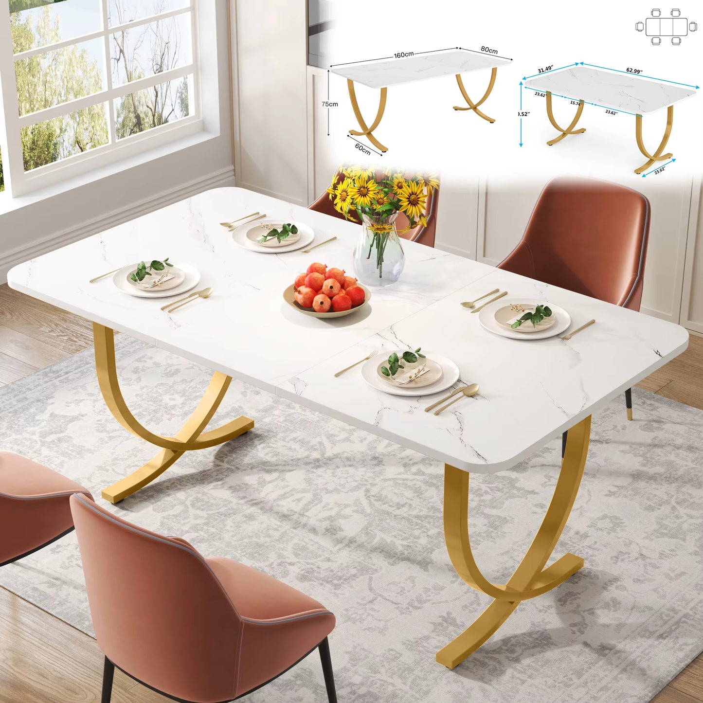 Table rectangulaire moderne 63" blanc marbre synthétique, 4-6 personnes