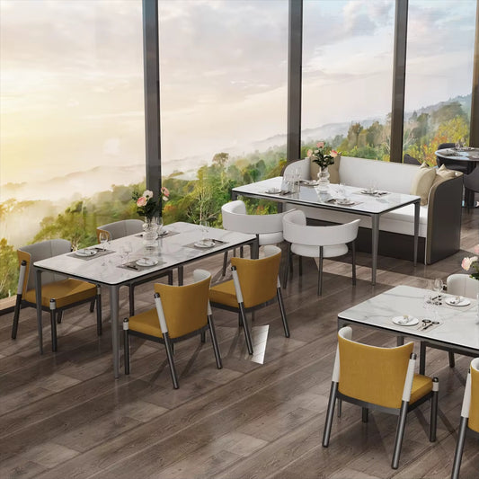 Table de cuisine luxueuse 1,6m marbre et verre Guatemala, pieds alu anti-rouille
