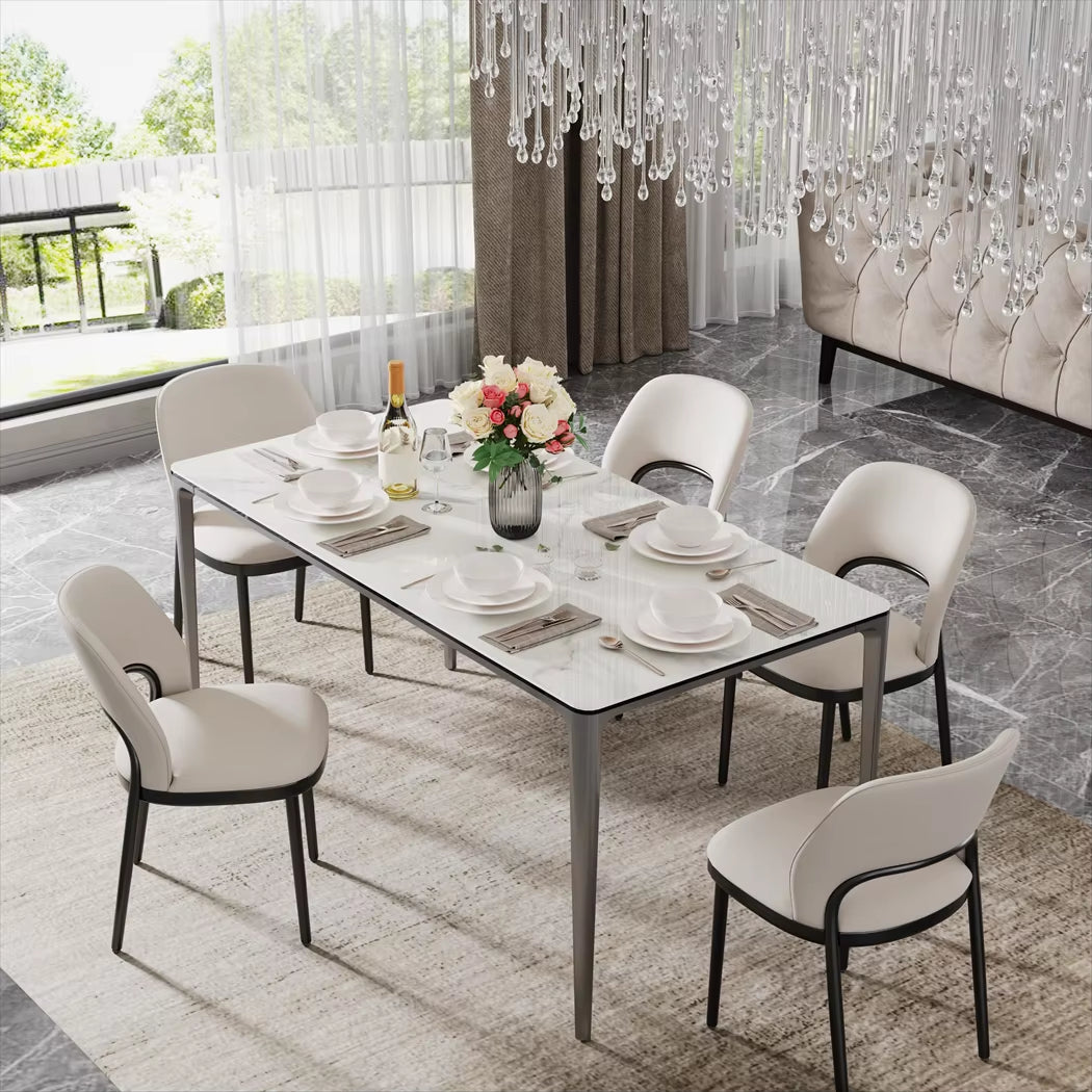 Table de cuisine luxueuse 1,6m marbre et verre Guatemala, pieds alu anti-rouille
