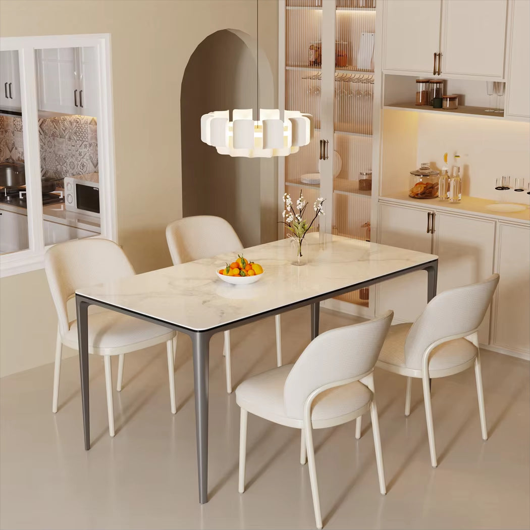 Table de cuisine luxueuse 1,6m marbre et verre Guatemala, pieds alu anti-rouille