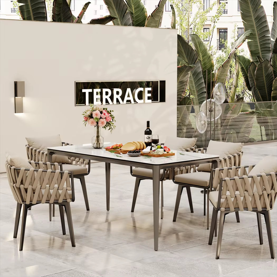 Table de cuisine luxueuse 1,6m marbre et verre Guatemala, pieds alu anti-rouille
