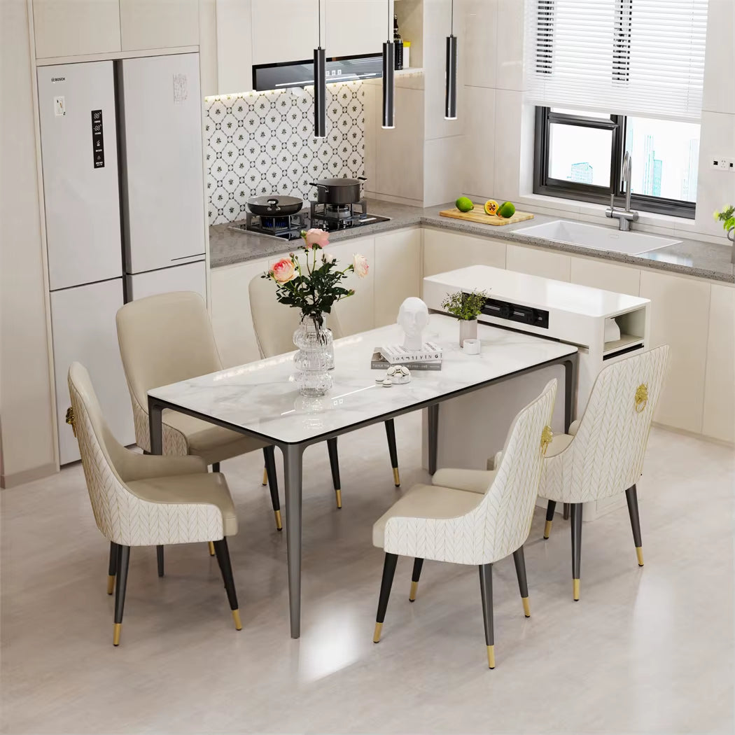 Table de cuisine luxueuse 1,6m marbre et verre Guatemala, pieds alu anti-rouille